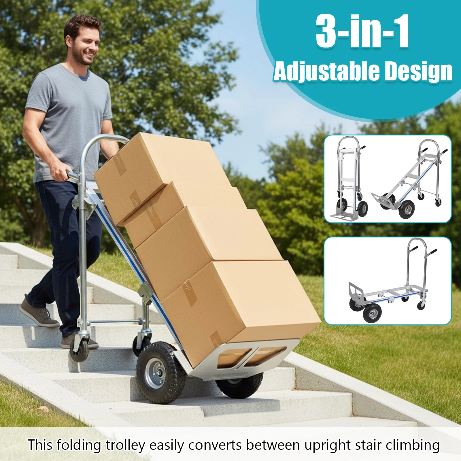 

3 in 1 Folding Trolley 550LBS Capacity Heavy Duty Industrial Collapsible Cart with Wheels for Construction Warehouse Factories