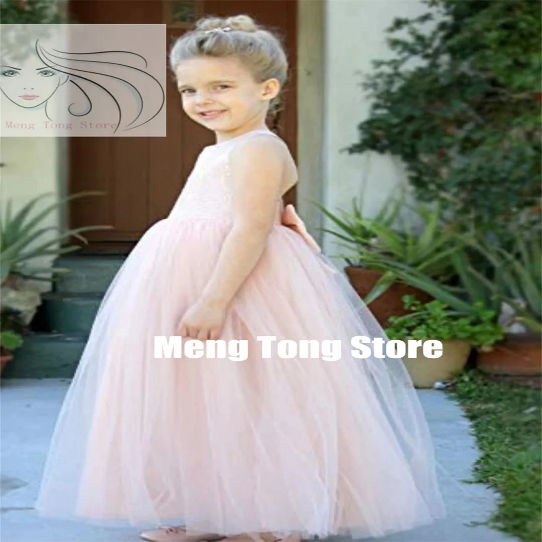 Pink Flower Girl Dresses Puffy Crossed Straps A-line Sequin Top With Big Bow Sleeveless For Wedding Birthday Party Banquet Gowns