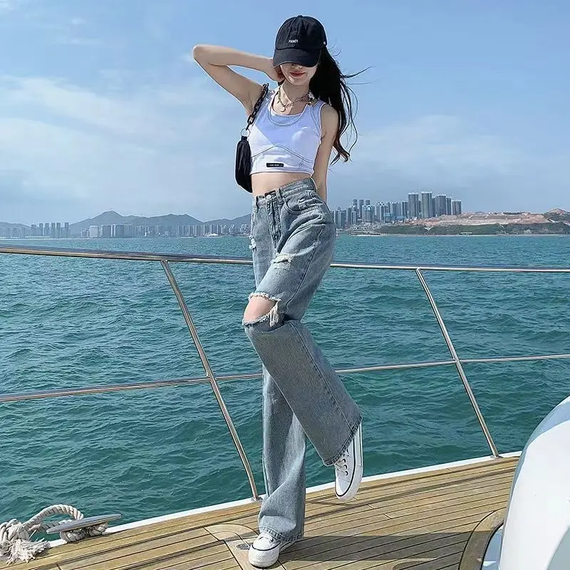 

Fashion Ripped Women’s Jeans Non-stretch Wide-leg Denim Pants Versatile Comfortable Slimming Spicy Fit