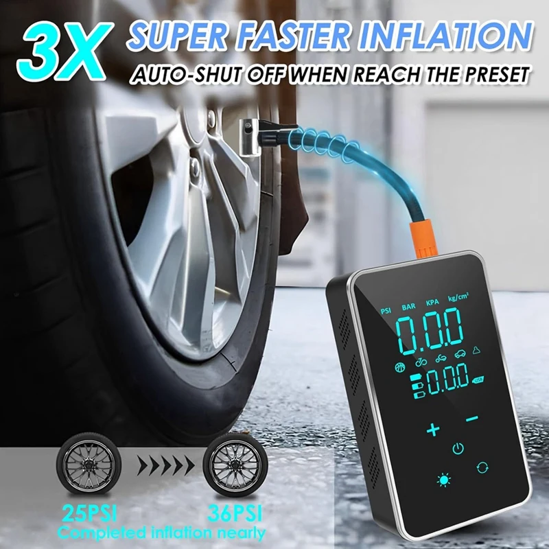 Btire Inflator Portable Air Compressor, Black Metal 150 PSI Cordless Tire Inflator, For Car,Motorcycle