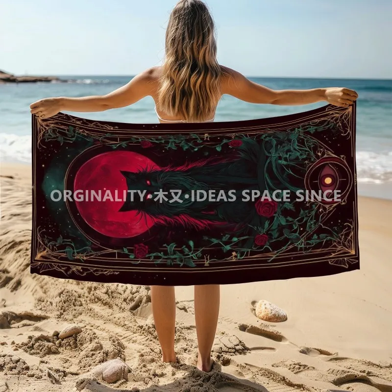 Gothic Blood Moon Black Cat Beach Towel Patterned Sunscreen And Windproof Suitable For Swimming Pool Camping Travel
