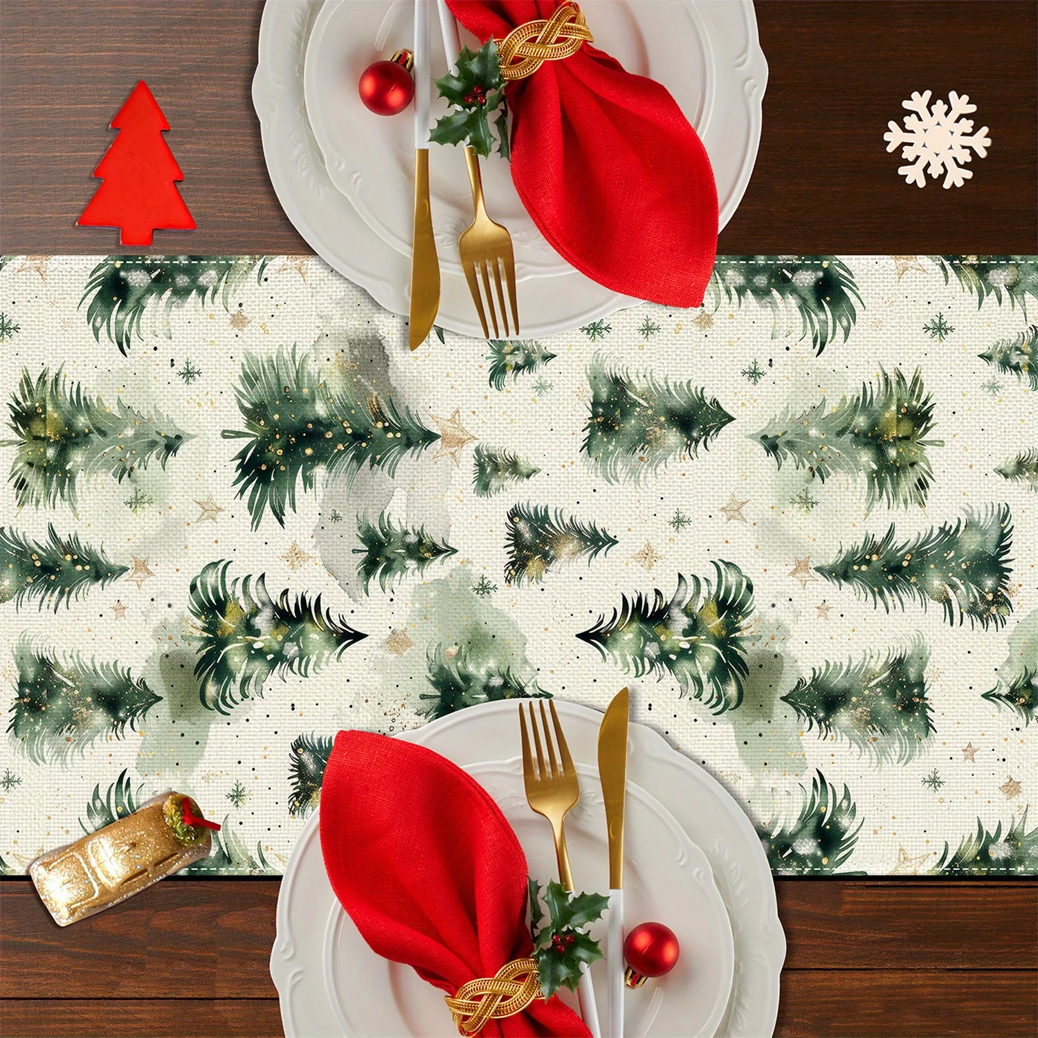 مفرش طاولة شجرة عيد الميلاد الاحتفالية باللونين الأخضر والأبيض لتزيين العطلات مع نجوم ذهبية للاستخدام الداخلي والخارجي وحفلات عيد الميلاد في ديسمبر #3