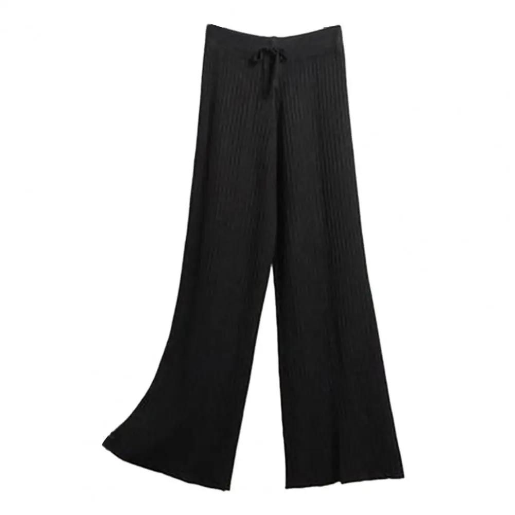 Women Wide-leg Knit Trousers Stylish Women\'s High Waist Drape Pants with Drawstring Ribbed Straight Wide Leg Design Solid Color