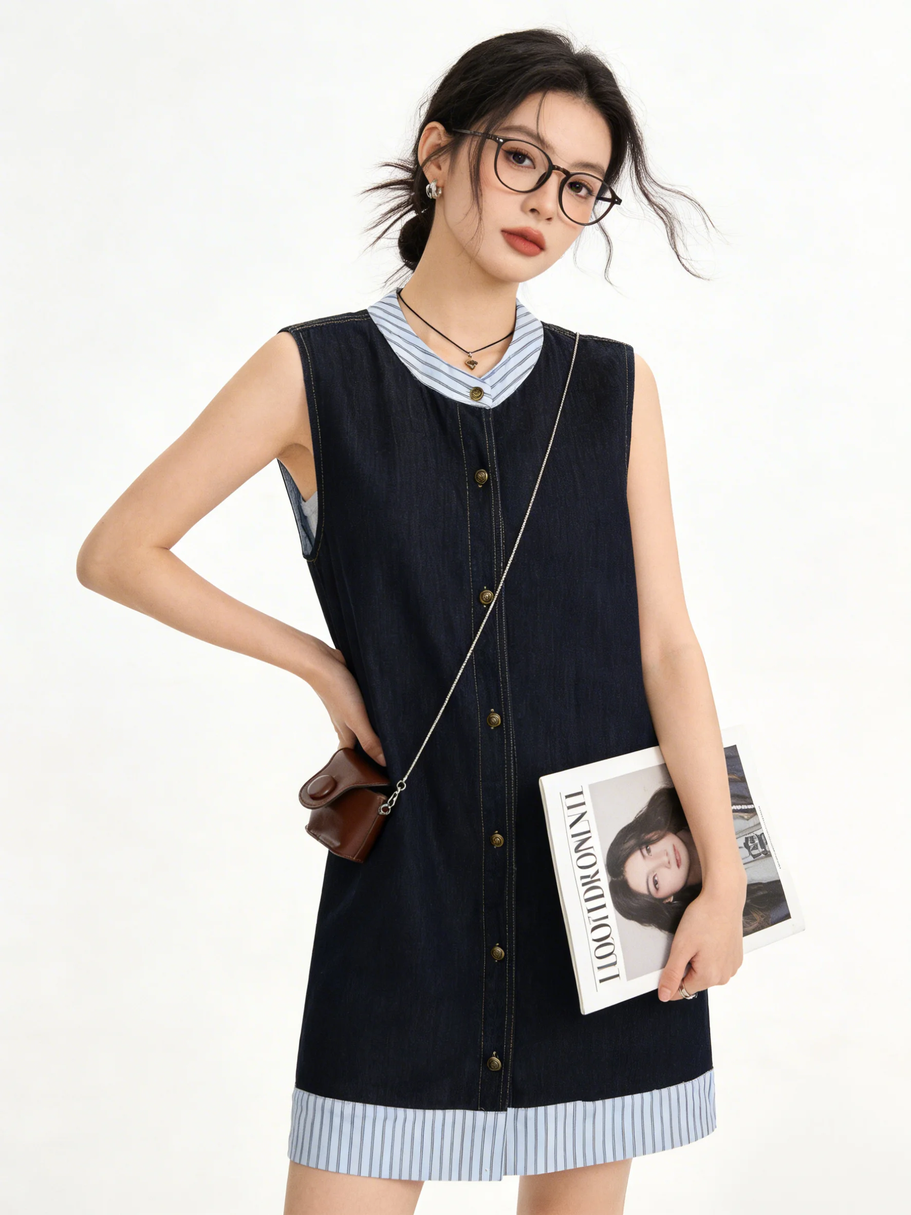 

Винтажное джинсовое платье с одним пуговицем, в полоску, с лоскутными вставками, прямого кроя, летнее, в корейском стиле, для повседневной носки, с свободной талией