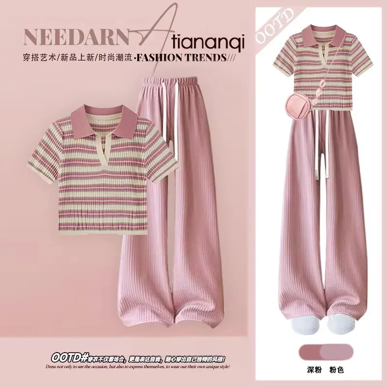 Summer Korean Style Women's Age Reducing Retro Striped T-shirt+casual Slimming Work Pants Two-piece Set