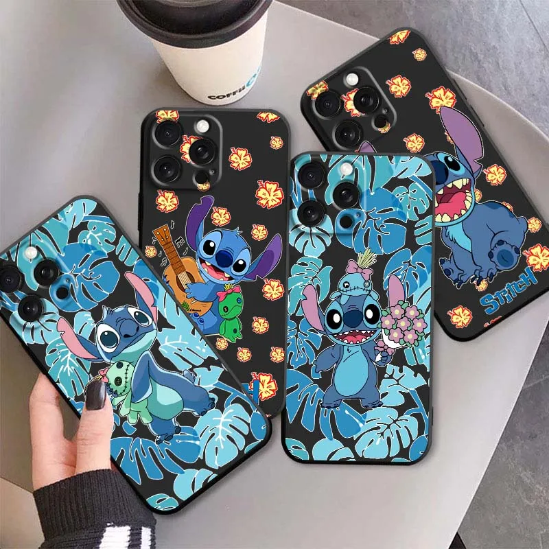 

Disney Stitch Cute Cartoon Phone Case For Apple iPhone 17 16 16E 15 14 13 12 11 Air Pro Max Plus Black Soft Silicone Cover