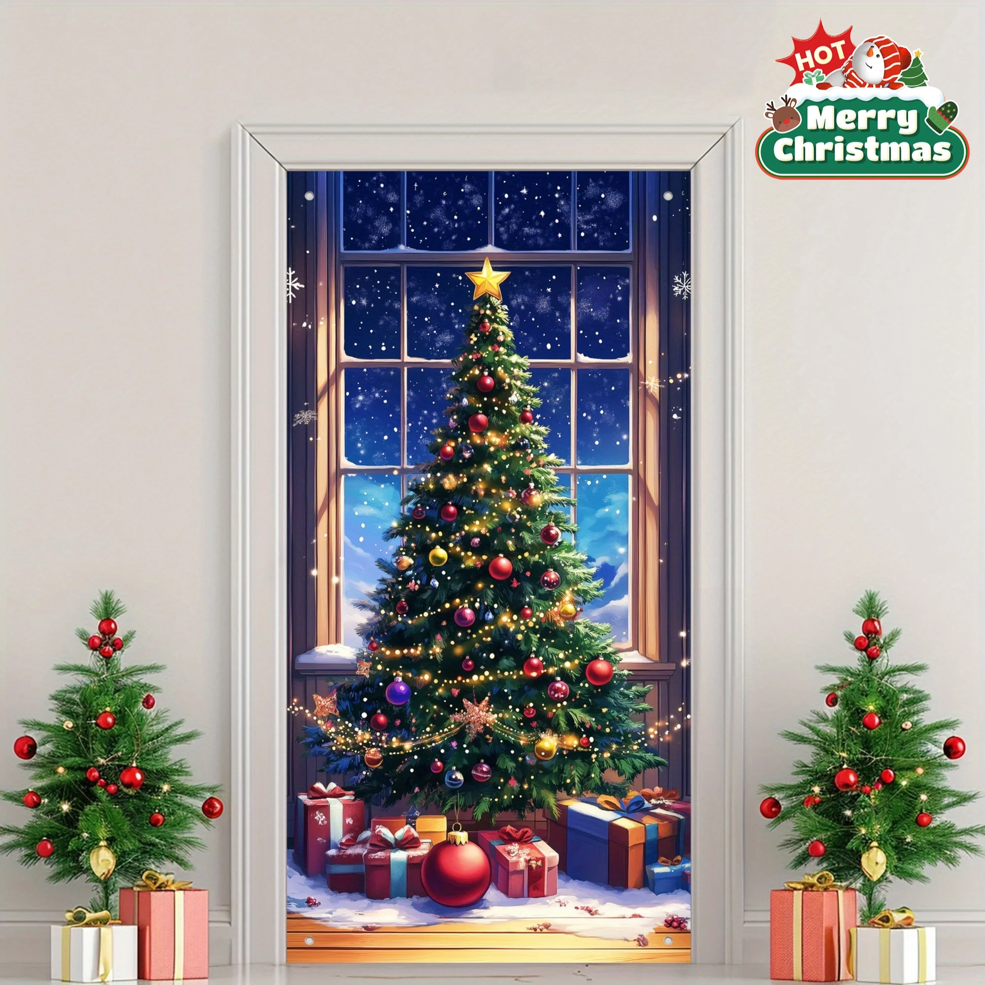 2D-Türbanner, 1 Stück, Feiertags-Türvorhang aus Polyester, Weihnachtsbaum, geeignet für Weihnachtsdekoration, Retro-Wintertürbanner