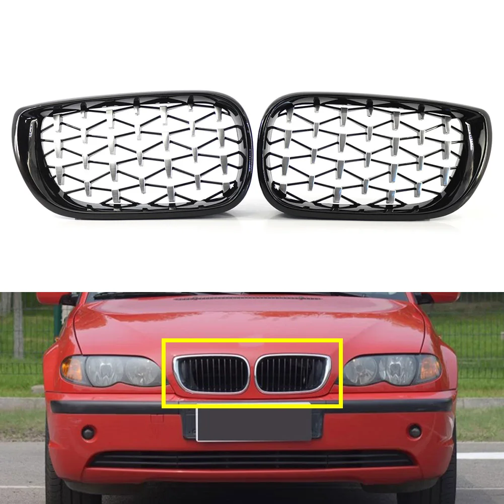 2Pcs Car Diamond Metero Style Mesh Grille Front Bumper Grill For BMW E46 3 Series 318i 320i 330i 2002 2003 2004 2005