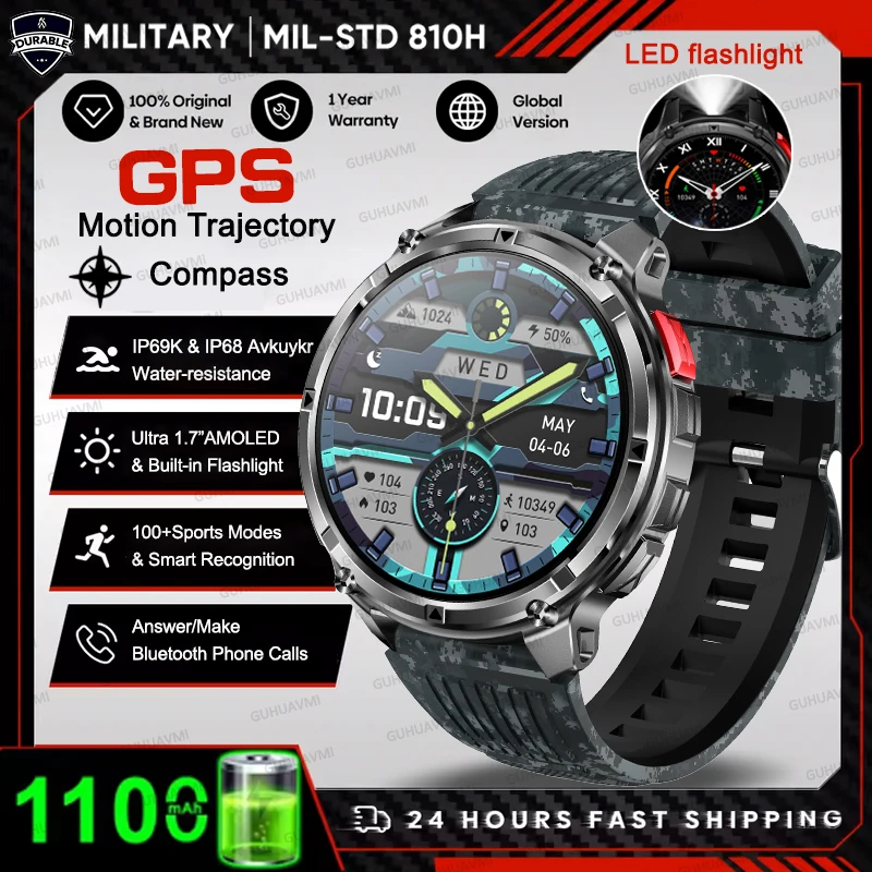 2026 HOT Nieuwe Sport Smartwatch 1100mAh Grote Batterij Duurzaam Kompas 10ATM Waterdicht Tactisch 170+ Sporten BT Oproep Smartwatch Heren