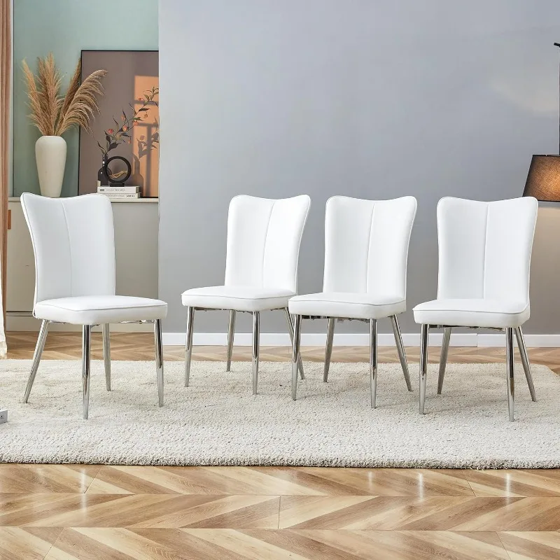 Modern Dining Chairs Set of 4, PU Leather Seat Cushions White Dining Room Chair, with Silver Metal Legs Kitchen Chair for Home