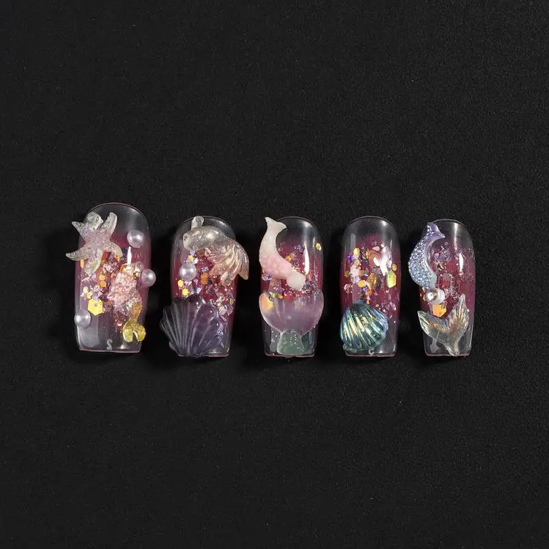 Serie de criaturas, dijes para uñas DIY, concha de medusa de varios estilos, decoraciones artísticas para uñas, cola de pez translúcida, estrella de mar marina