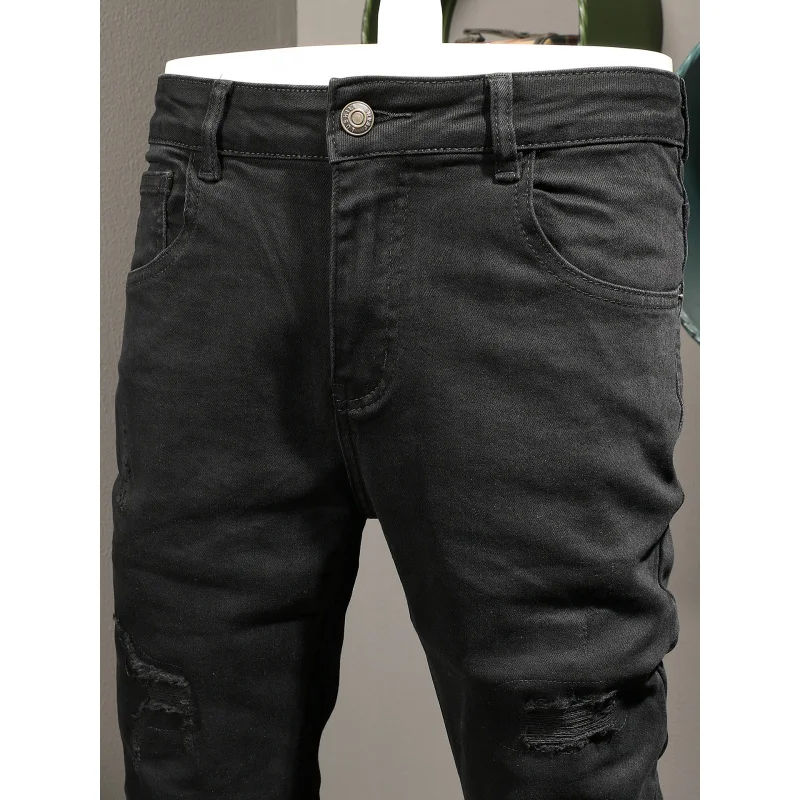 جينز أسود عالي الجودة للرجال ماركة عصرية عصرية بفتحة مرنة للشارع وأقدام صغيرة وسراويل وسيم