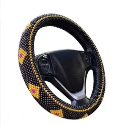 Car Accessories 38cm  Steering Wheel Cover  Wooden Bead Cool Summer Anti-skid Handlebar  With Leather