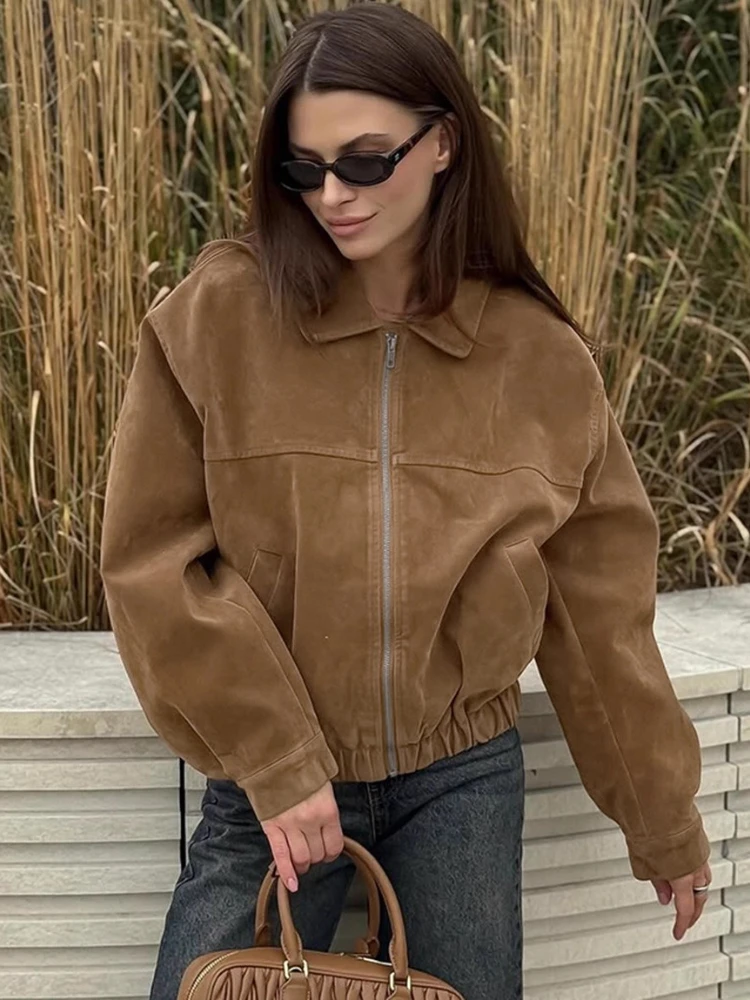 Vintage Khaki Collared Jacket For Women Long Sleeves Casual Commuting Loose Autumn  New Solid Outwear Women's Jackets