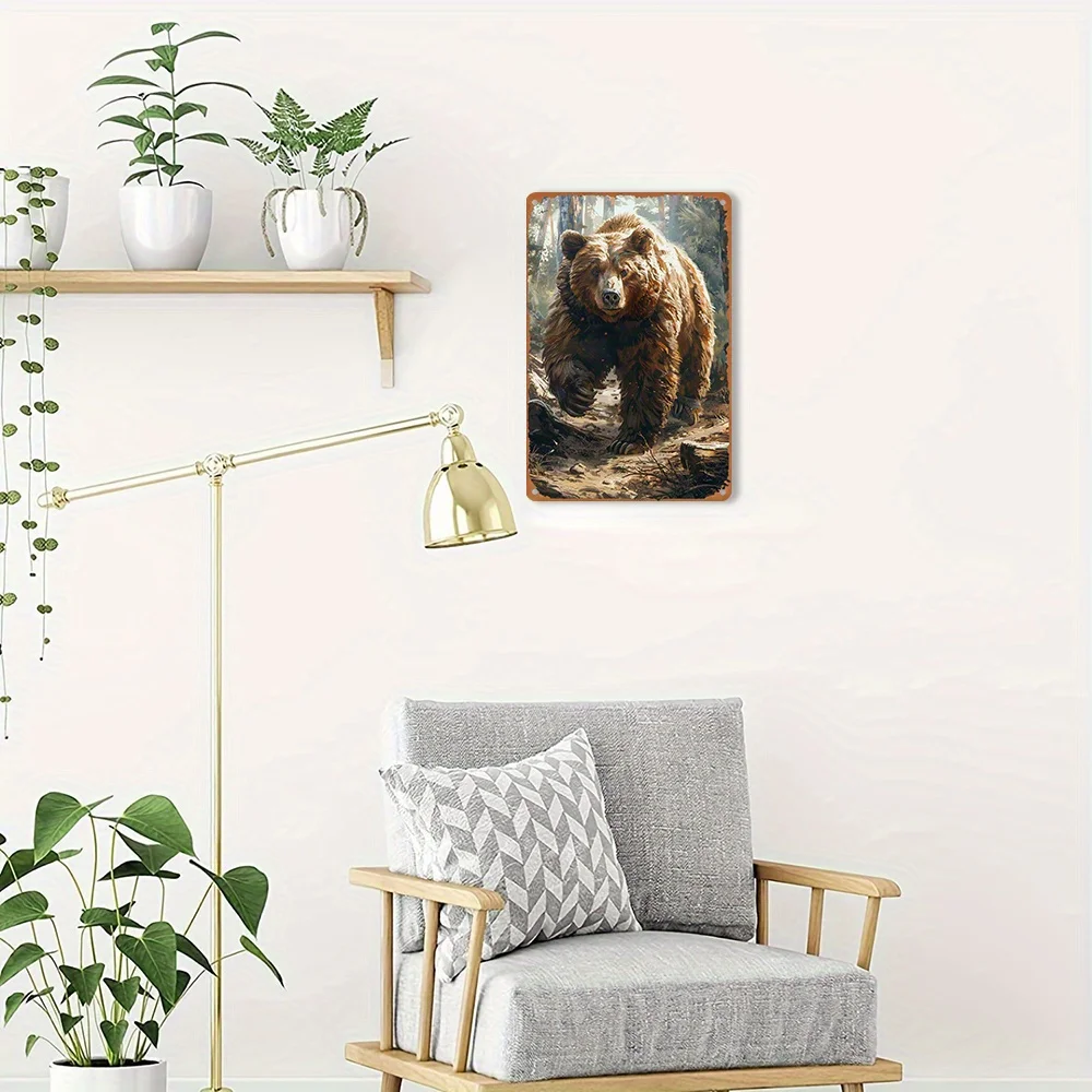 Vintage Brown Bear Forest Tin Painting 8x12 Inch Vintage Wall Art Nadaje się do dekoracji domu i baru Trwała żelazna konstrukcja