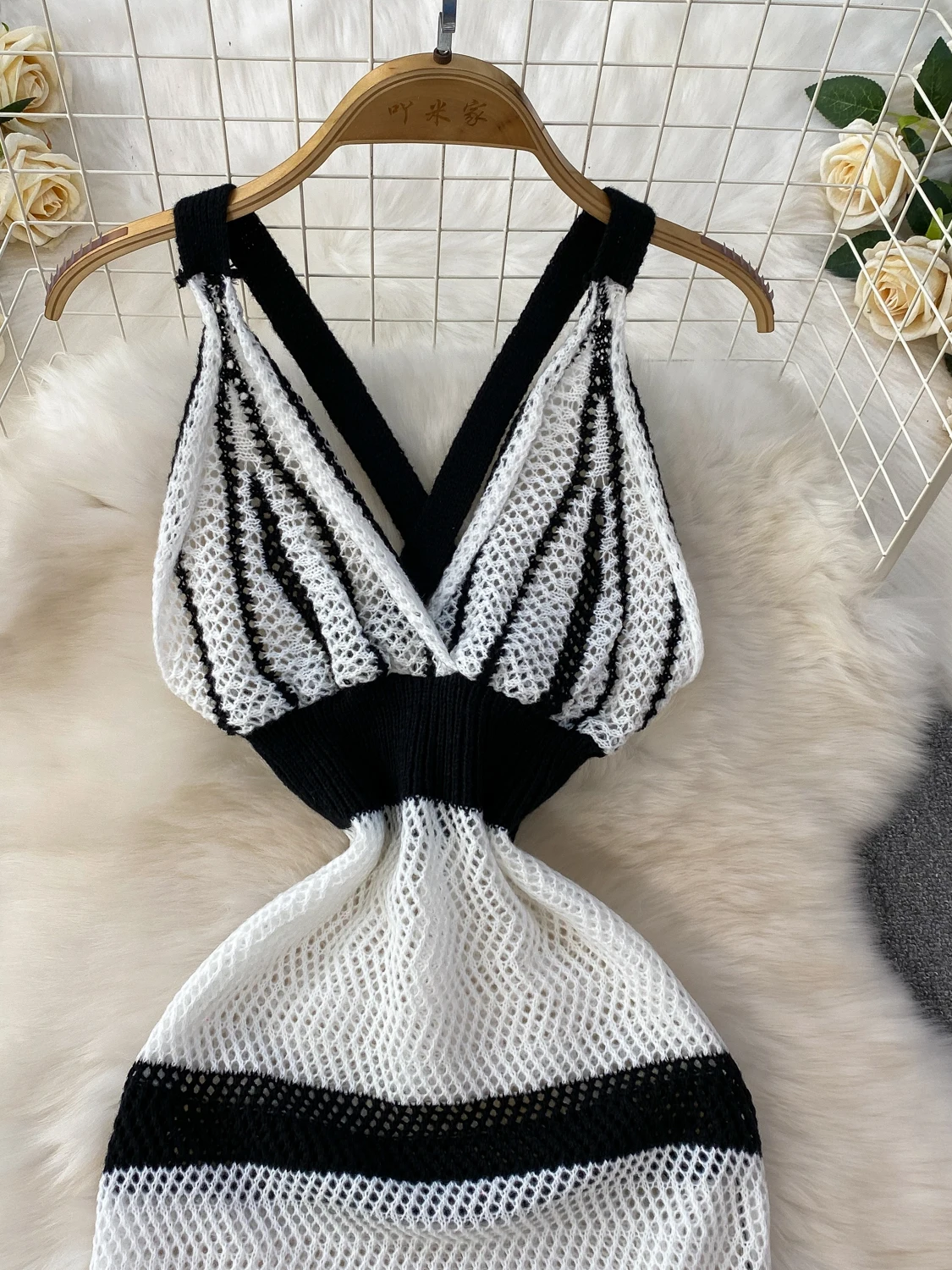 Vestido de Punto con Tirantes, Estilo Bohemio Vacacional, Bloques de Color, Escote en V, Aberturas, Espalda Descubierta, Cint...