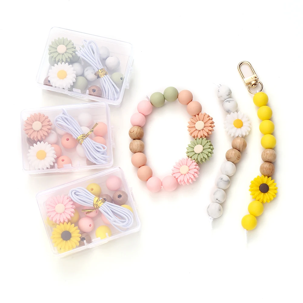 New Silicone Beads Daisy Round Wood Focal Loose Beads Set DIY Keychain Bracelet Pacifier Chain Accessories For Jewelry Making