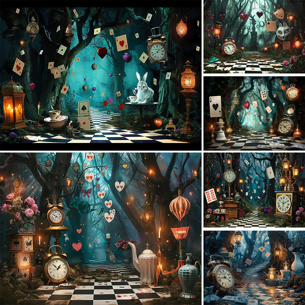 Mocsicka Alice Girl Birthday Studio Photo Background Magic Forest Clock Checkered Floor Backdrop Decor Kids Photography Prop