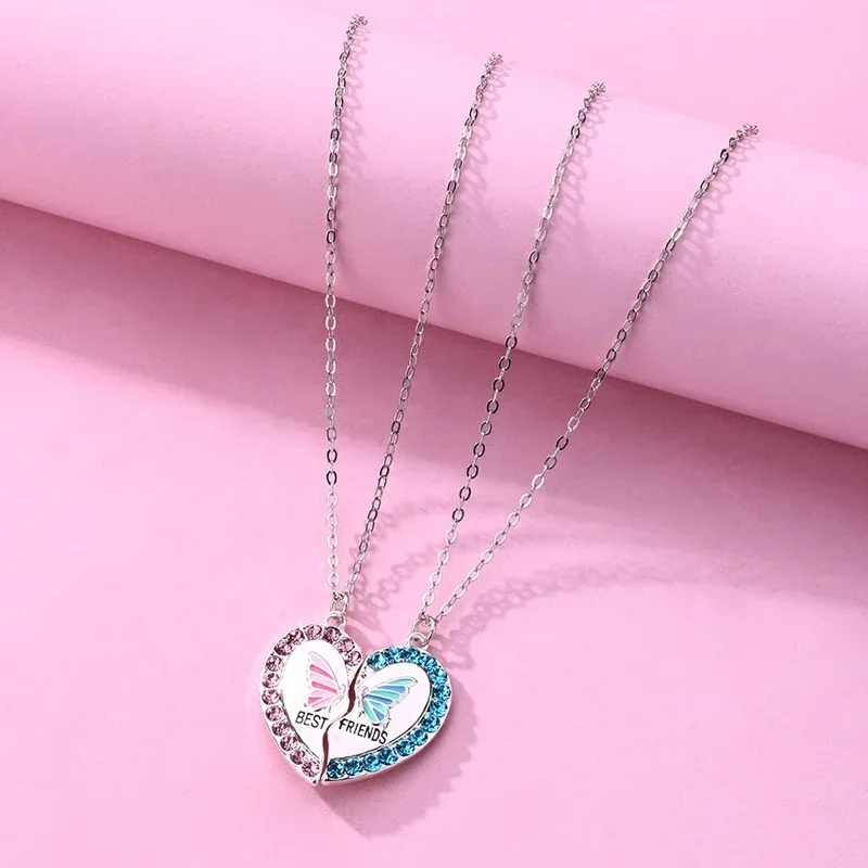 Lovecryst 2Pcs/set Delicate Rhinestone Butterfly Heart Best Friend Necklace BFF Friendship Jewelry Gifts for Kids