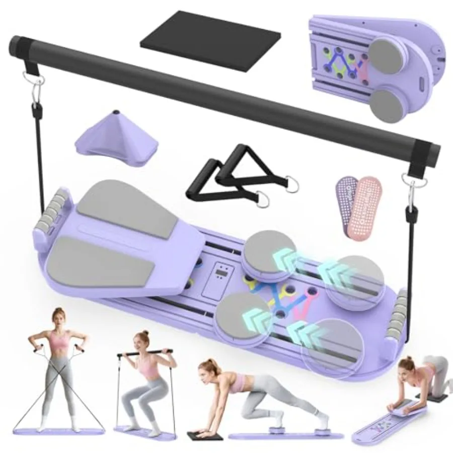7 in 1 Foldable Pilates Equipment Set for Women with Timer Portable Home Workout Machine in Black for Fitness Exercise Ab Core
