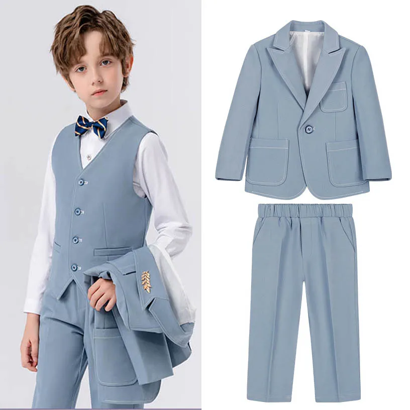 Navy Blue Children Boys Suit Spring Autumn Kids Tuxedo For Boys Gentle Boys Wine Red Jacket Vest Pants Wedding Suit For Kids Boy
