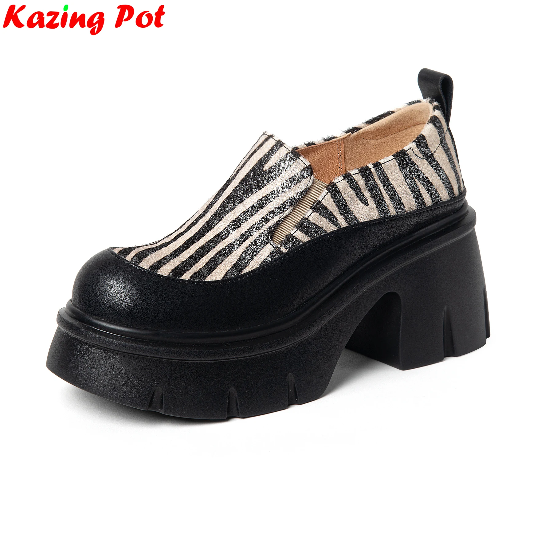 

Krazing Pot 7cm Chunky High Heels Striped Cow Leather Spring Casual Shoes Platform Loafers Mixed Colors Luxury Party Women Pumps