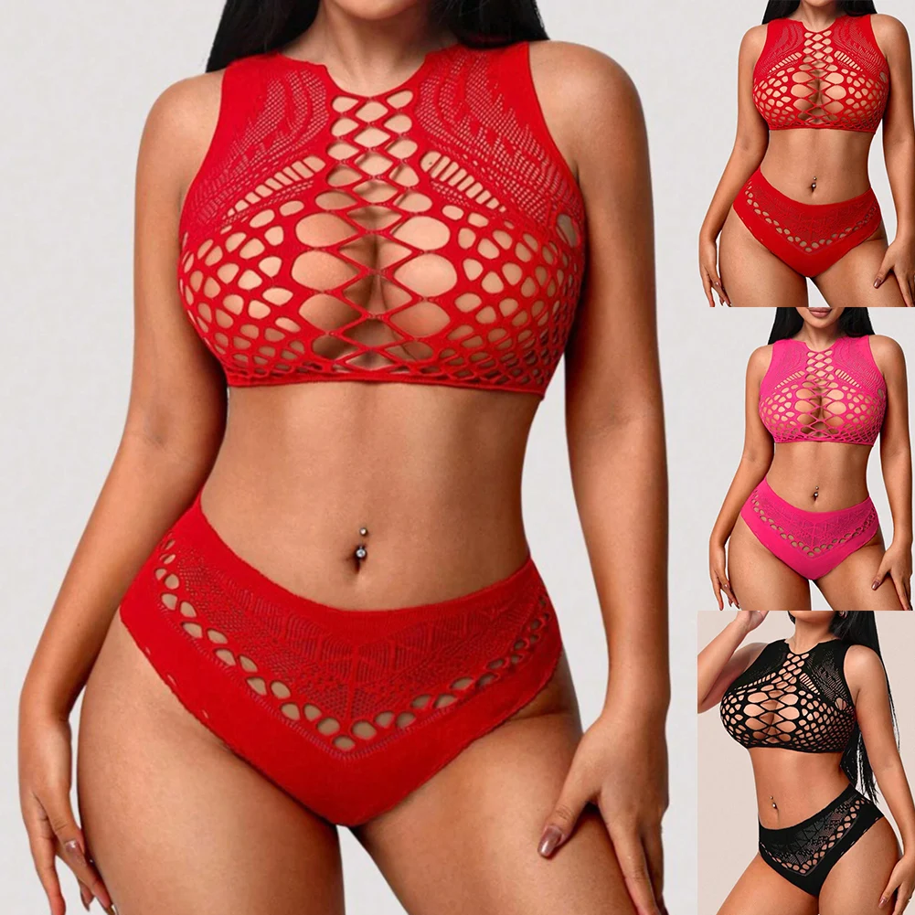 Sexy Womens Lingerie Fishnet Underwear Porn Bikini Erotic Jumpsuit Set Transparen Breathable Intimates Pajamas Bikini Sets