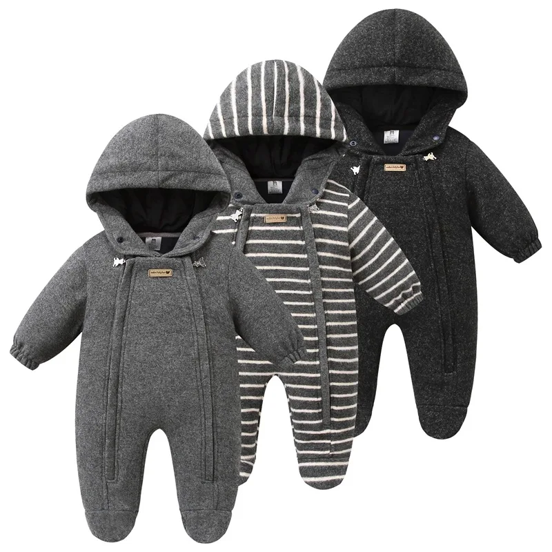 

Winter Infant Baby Boys Rompers Tweed Long-sleeved Bodysuits For 1-3y Baby Boys Hooded Two-way Zipper Toddler Boys Jumpsuits