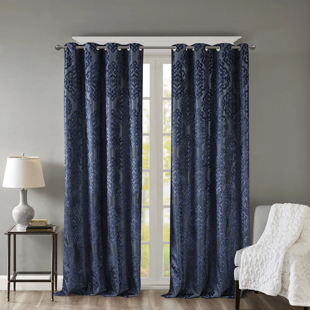 Knitted Jacquard Damask Total Blackout Grommet Top Curtain Panel(Only 1 Pc Panel)