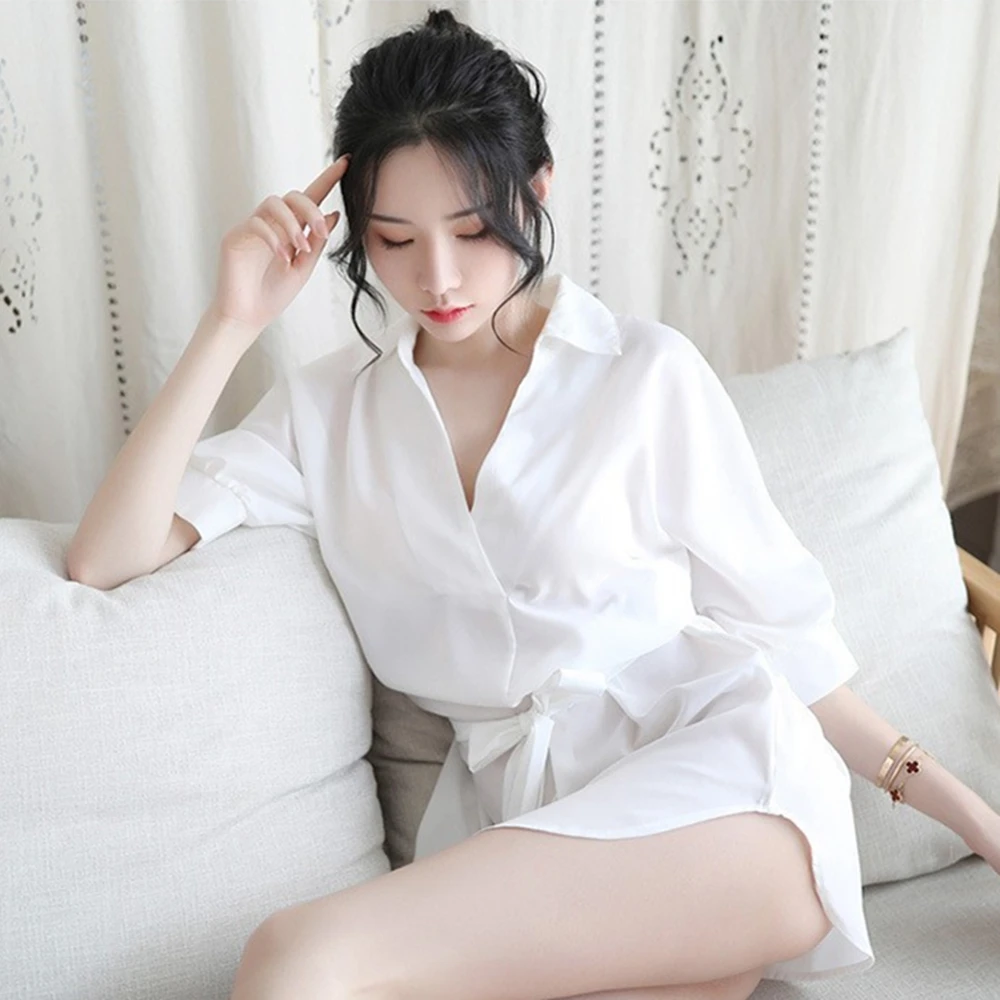 New Pure Lust  Casual Fashion Boyfriend Style Women\'s Shirt Dress Chiffon Solid Color Sexy Sleepwear Pajama Set