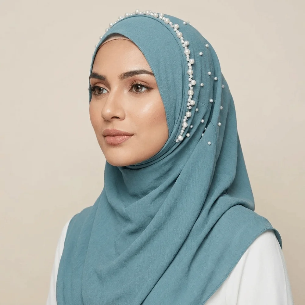 Simple Solid Color Beads Hijab Pull On Style Quick Drying Head Wraps Breathable Stretchable Hijab Scarf Daily Use