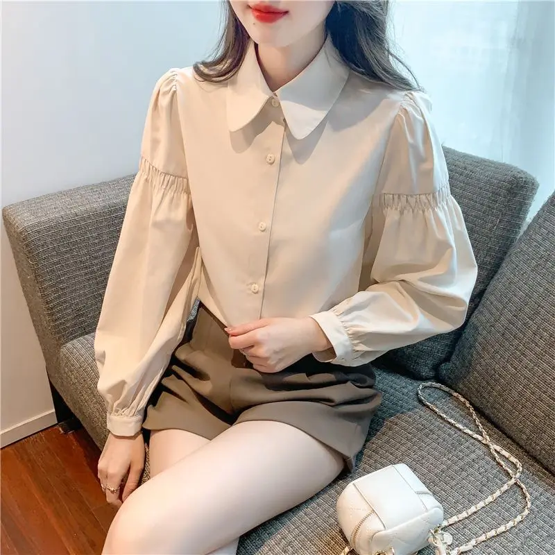 Spring Autumn Fashion Solid Shirt Women's Clothing POLO Collar Bishop Sleeve Pleated Cardigan Korean Button Simplicity Blouses