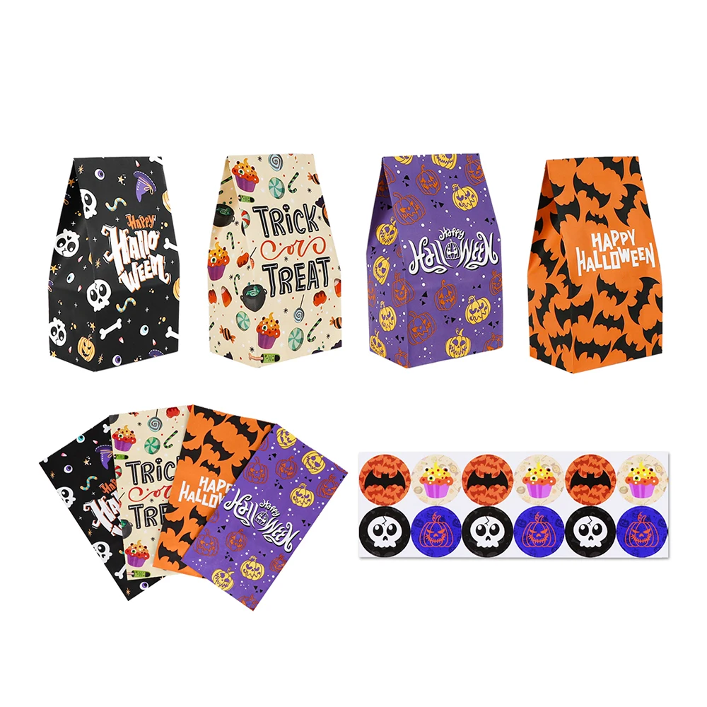 

Ourwarm Halloween Paper Bag with Sticker Cookie Biscuits Snack Candy Gift Bags Wizard Pumpkin Head Ghost Festival Party Decor