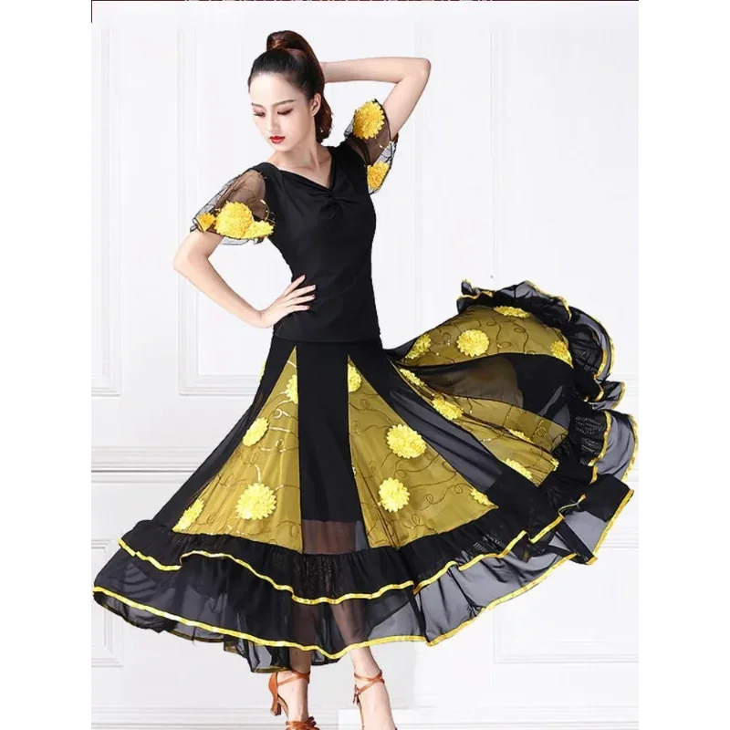 Elegant Ballroom Dance 2 Pieces Top+Skirt Set Competition Costume Women's Modern Standard Set Tango Waltz Performance Costume