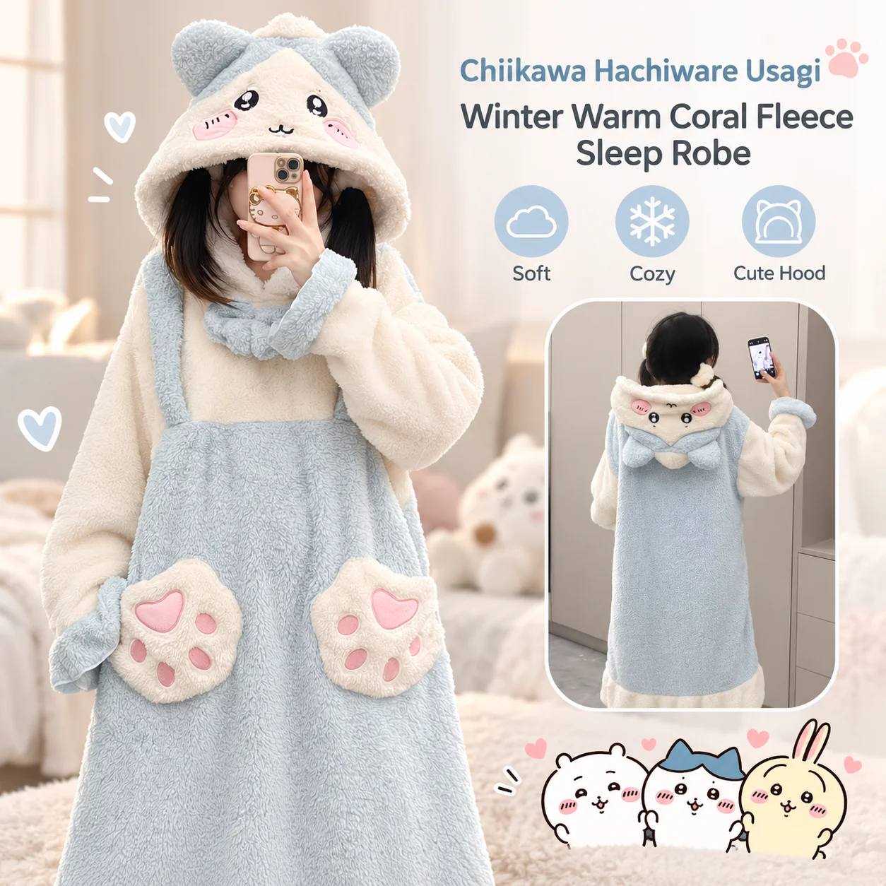 Kawaii New Chiikawa Autumn Winter Warm Hooded Robe Pajamas Teen Girls Indoor Nightgown Paw Pocket Lazy Outfit Loose Fit Gift