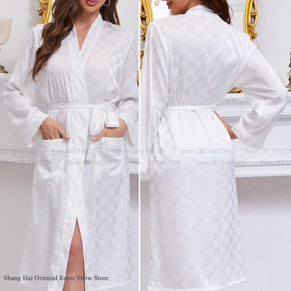 

Silky Satin Women Long Robe Negligee Sexy V-Neck Kimono Bathrobe Gown with Pocket Summer New Sleepwear Home Dress Loose Pajama