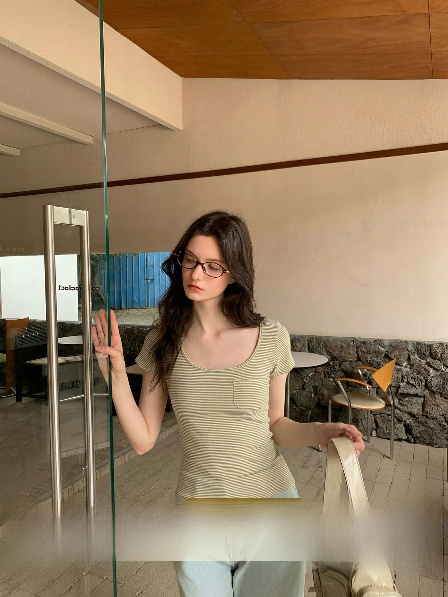 

Женская летняя футболка с U-образным вырезом и полосками в стиле ретро, облегающая, удобная, дышащая, приятная для кожи