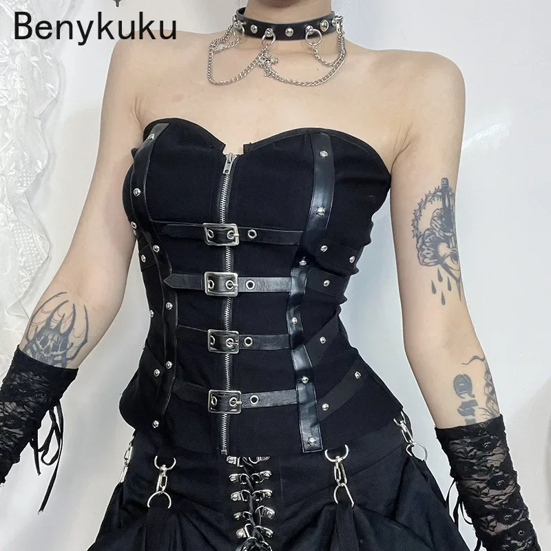 Punk Grunge Leather Buckle Strapless Corset Tops Mall Gothic Zip Women Tupe Top Y2K Coquette Streetwear Alt Tanks Vest 2025