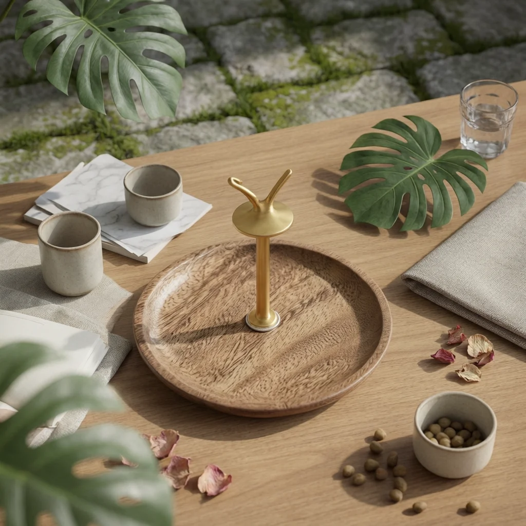 Decorative Deer Tray Round Two-Tier Wooden Tray Tiered Display Stand Shallow Rimmed Edges Metal Frame