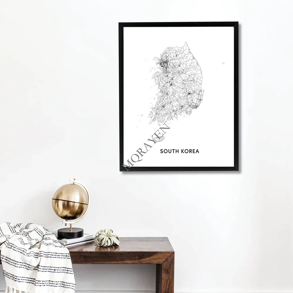 South Korea Map Black and White Posters Prints Seoul City Street Road Map Modern Wall Art Canvas Painting Pictures Office Decor