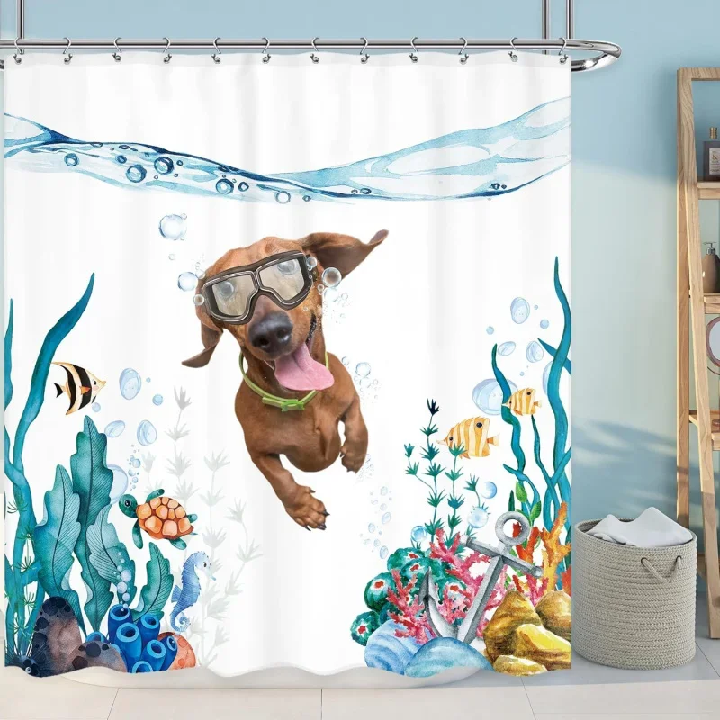 "Cortina de chuveiro de mergulho para cachorro fofo, cortina de banho à prova d'água e resistente ao mofo com design divertido de oceano para decoração de banheiro infantil"