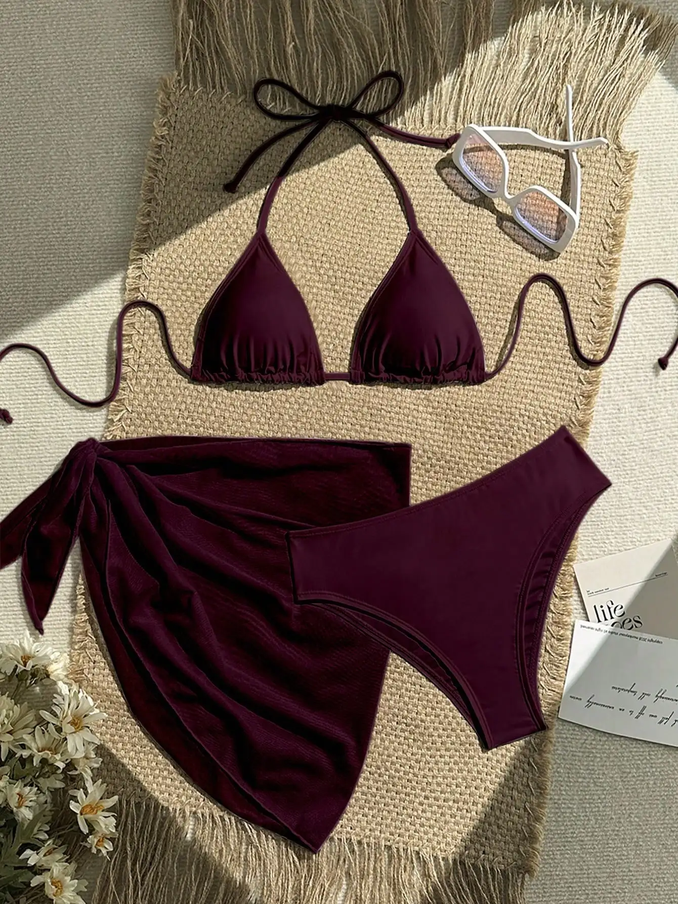 

Burgundy 3-Piece Swim Set: Halter Triangle Top, High-Waist Bottom & Wrap Skirt