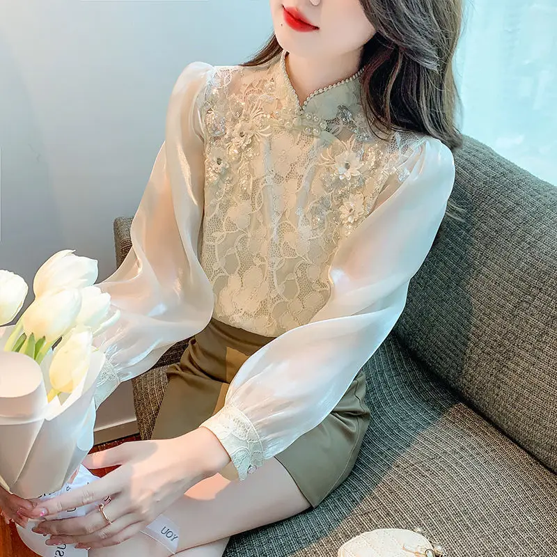 

Korean Chic Fashionable and Beautiful Improved Cheongsam Chiffon Shirt Spring Retro Style Loose Slimming Lace Top for Women