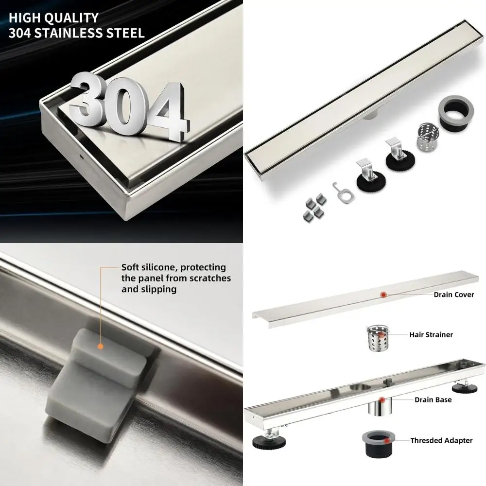 

32-дюймовый линейный душевой трап из матовой нержавеющей стали 304 с крышкой для плитки и уловителем волос, регулируемое основание