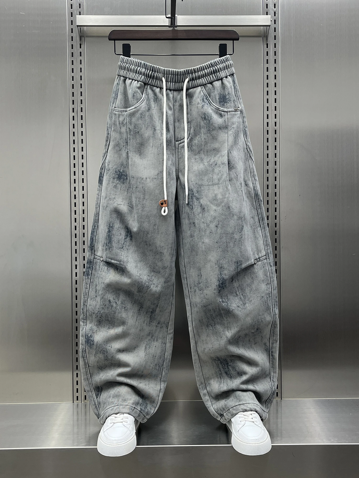 

Модные мужские рабочие брюки на флисовой подкладке 2025 года, новые, в корейском ретро-стиле, с эффектом потертости, свободного кроя, повседневные, с завязками