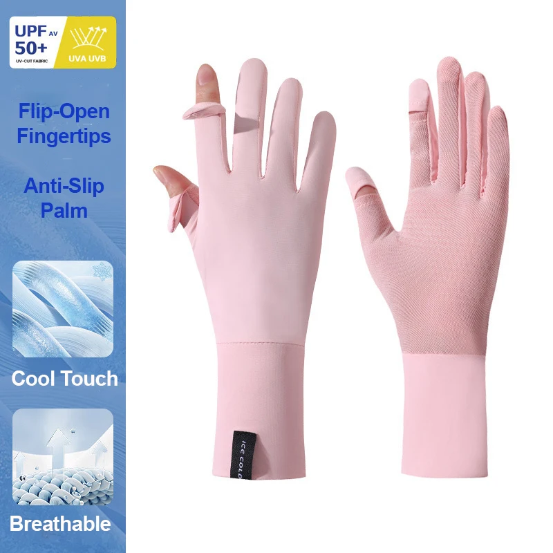 Women Sun Protection Gloves Cycling Ice Silk Cooling Breathable Summer Touchscreen Flip-Top Anti-Slip Long Gloves for Driving