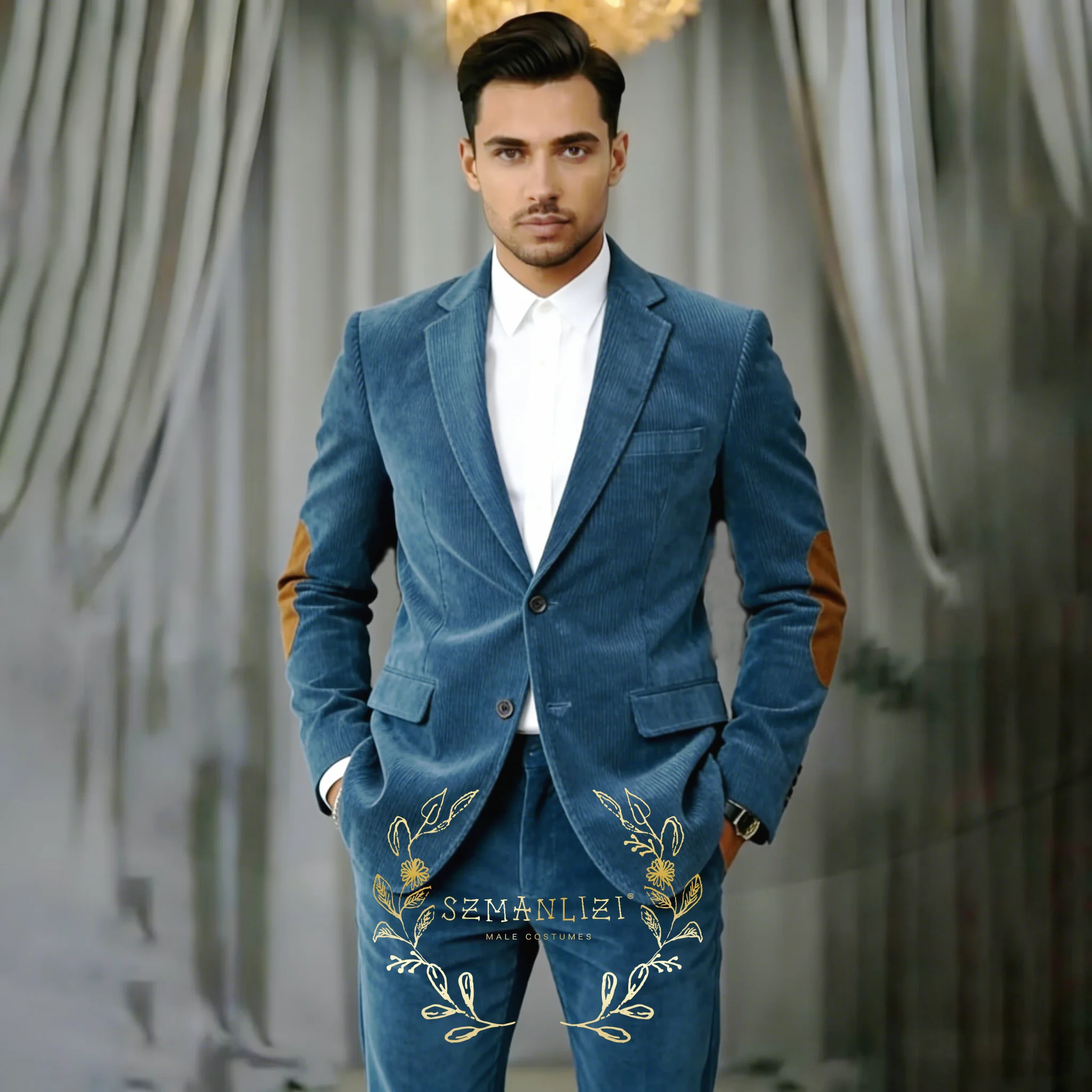 

Corduroy Suits Men 2 Pieces Sets Single Breasted Groom Formal Blazer Pants Costume Homme Wedding Tuxedos Male Party Clothing