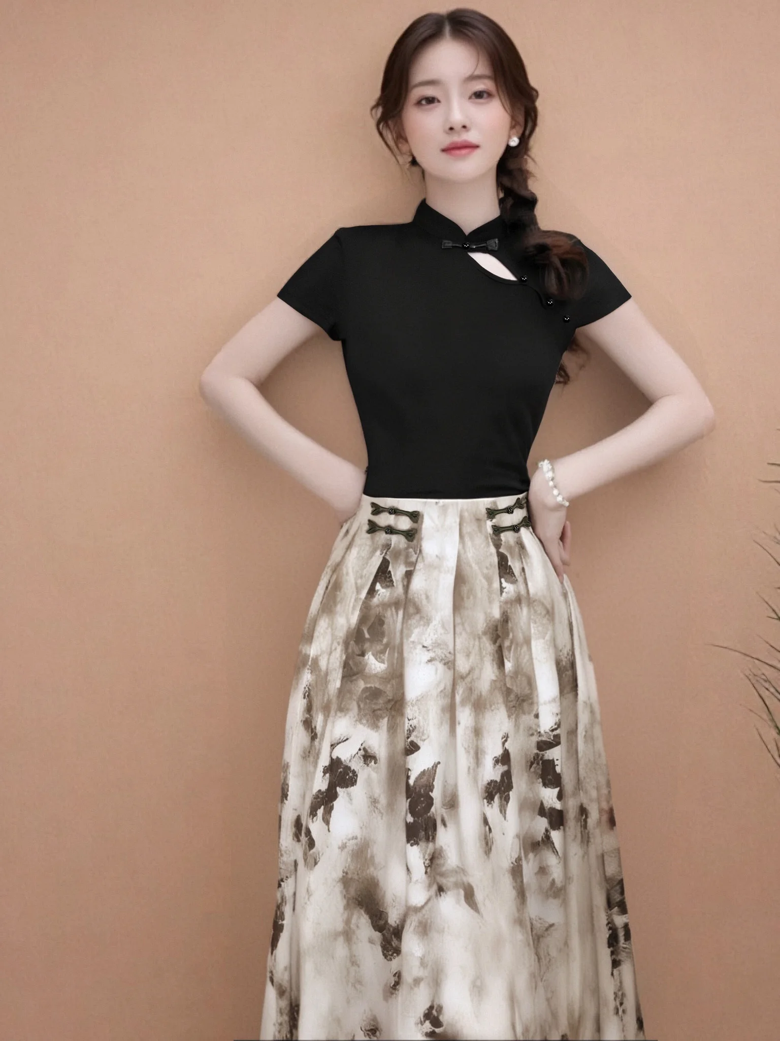

New Chinese Style Summer Set Women's Half-length Skirt Top Two-piece Ensemble Short Sleeve Polyester Fiber