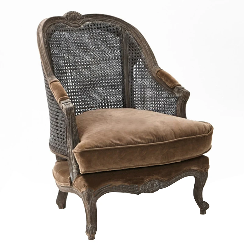 

*French fabric rattan casual chair American country retro old solid wood carving flower single sofa chair