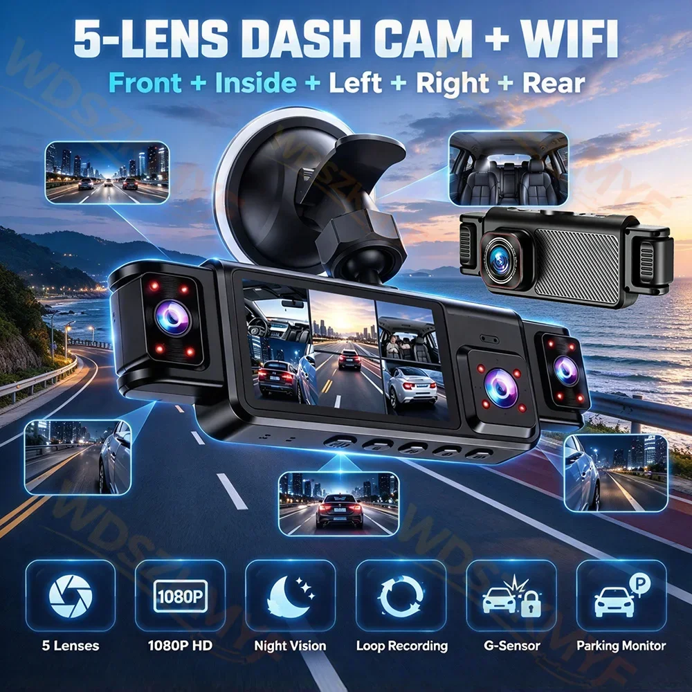 New 360° Car DVR 5Channel WiFi Dash Cam 1080P Camera For Car APP WiFi Control Front inside and Rear view Camera Auto Parts